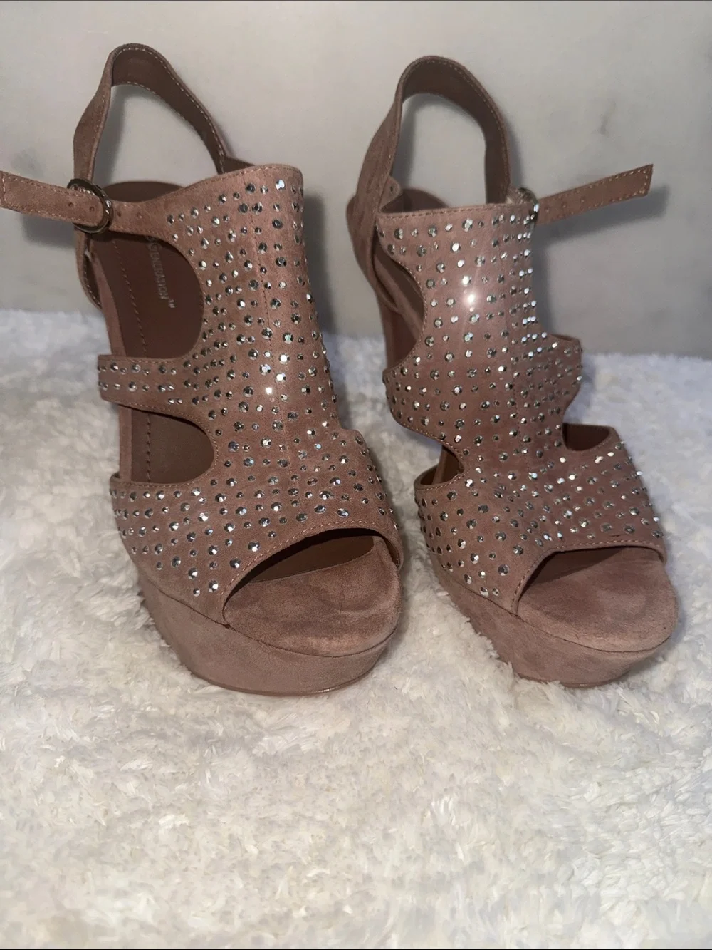 BCBGeneration Pink Suede Rhinestone Wedge Sandals